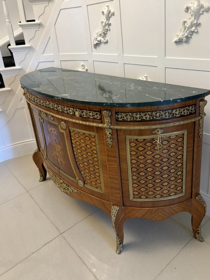 Fine Quality Antique French Kingwood Marquetry and Parquetry Inlaid Marble Top Sideboard